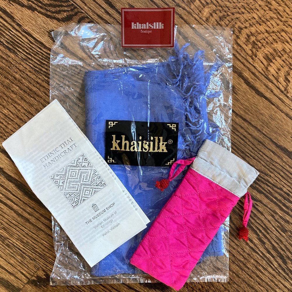 Khaisilk royal blue scarf and magenta eyeglass case, NWT